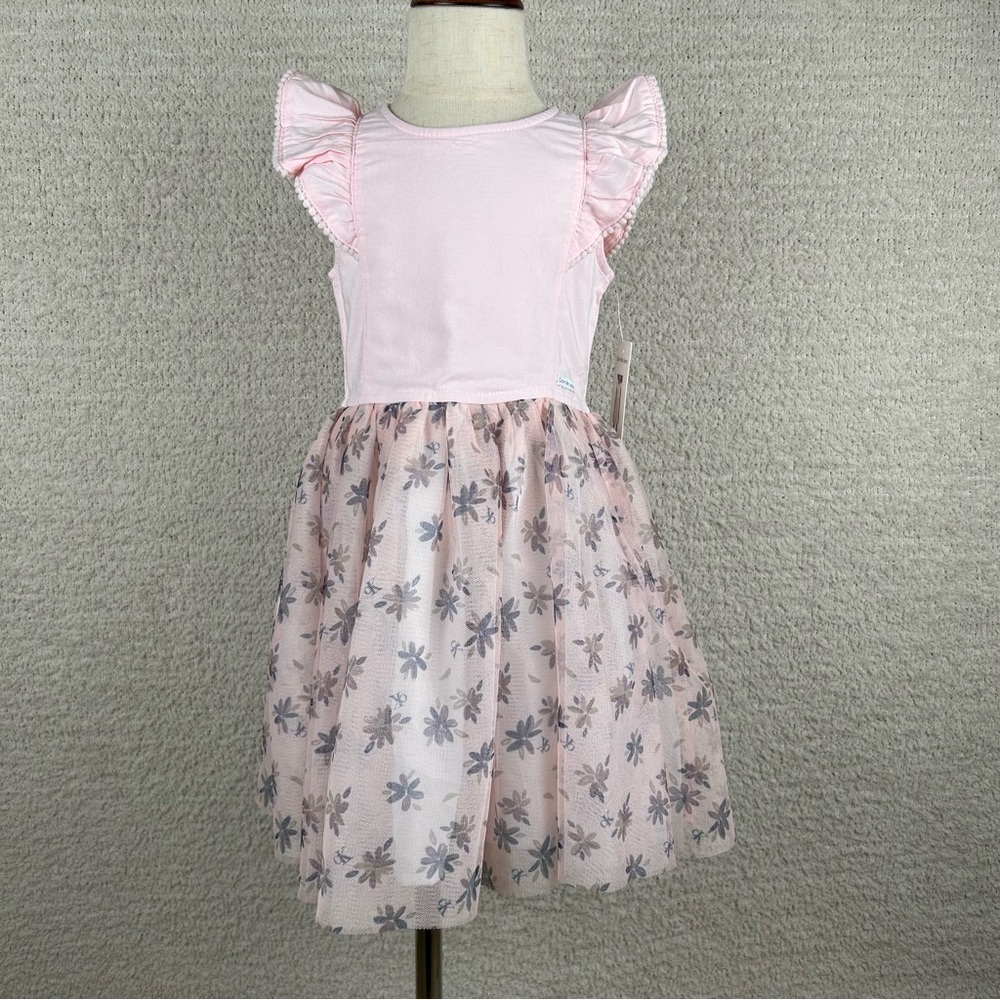 Calvin Klein Dress Girls 5 Pink Ruffle‎ Bodice Floral Logo Overlay Lined Skirt